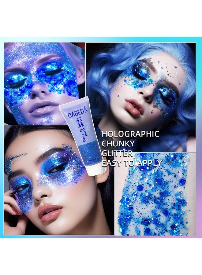 DAGEDA Body Glitter Gel Face Glitters Body Gel Sequins Shimmer Liquid Eyeshadow Chunky Glitter For Face Hair Nails Holographic Cosmetic Laser Powder Festival Glitter Makeup 50Ml(Blue) - Image 5