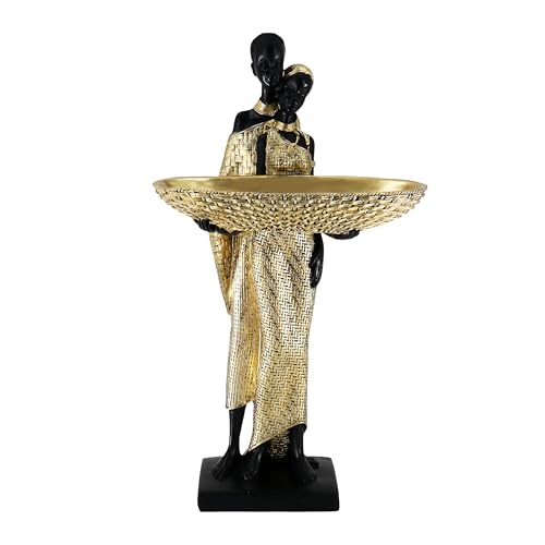 Dwelloria African Couple Resin Tray Sculpture – Black and Gold Decorative Bowl Statue for Entryway, Vanity, Coffee Table, Key Candy Jewelry Holder, Ethnic Art Home Decor Gift - Image 1