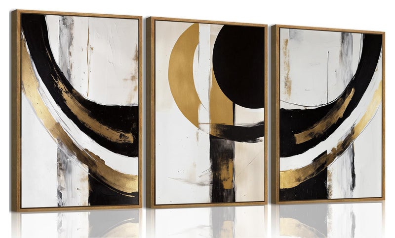 KISSFOX 3 Piece Framed Wall Art Abstract Wall Decor Black Gold Pictures Modern Geometric Canvas Art Large Minimalism Paintings Artwork For Living Room Bedroom Office - Image 1
