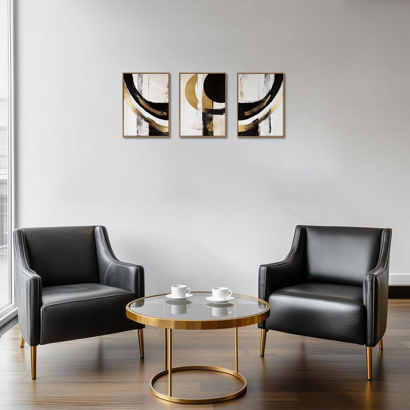 KISSFOX 3 Piece Framed Wall Art Abstract Wall Decor Black Gold Pictures Modern Geometric Canvas Art Large Minimalism Paintings Artwork For Living Room Bedroom Office - Image 3