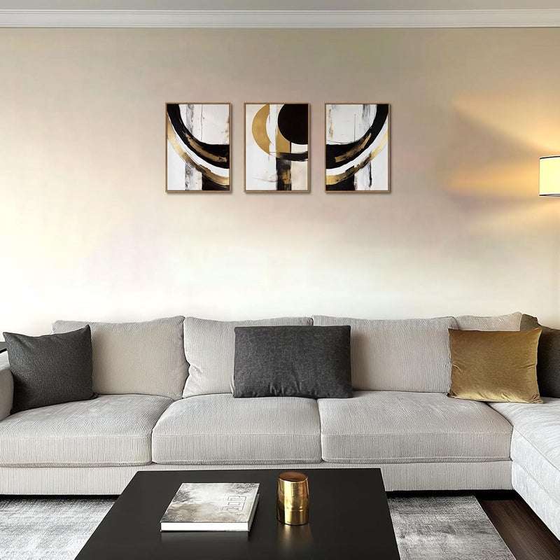KISSFOX 3 Piece Framed Wall Art Abstract Wall Decor Black Gold Pictures Modern Geometric Canvas Art Large Minimalism Paintings Artwork For Living Room Bedroom Office - Image 2