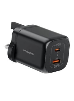 porodo GaN Dual-Port USB-A & Type-C Quick Charger UK PD 45W Fast Charging with Simultaneous Charging & Built-In Safeguards - Black  - Image 1