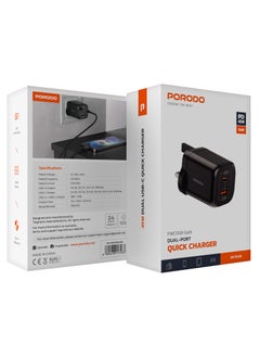 porodo GaN Dual-Port USB-A & Type-C Quick Charger UK PD 45W Fast Charging with Simultaneous Charging & Built-In Safeguards - Black  - Image 3