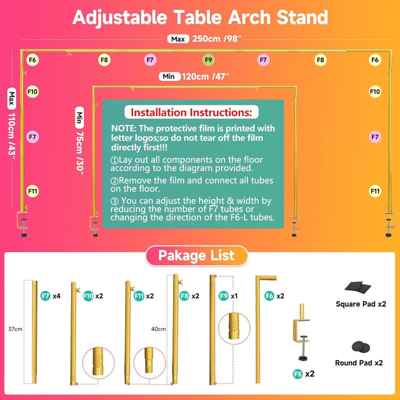 JEBUTU حامل قضيب فوق الطاولة مع مشابك قابل للتعديل بطول 47"-98" وارتفاع 30"-43"، قوس طاولة ذهبي للتعليق للزينة وعرض الزهور لحفلات الزفاف وأعياد الميلاد وهالوين وعيد الميلاد - Image 2