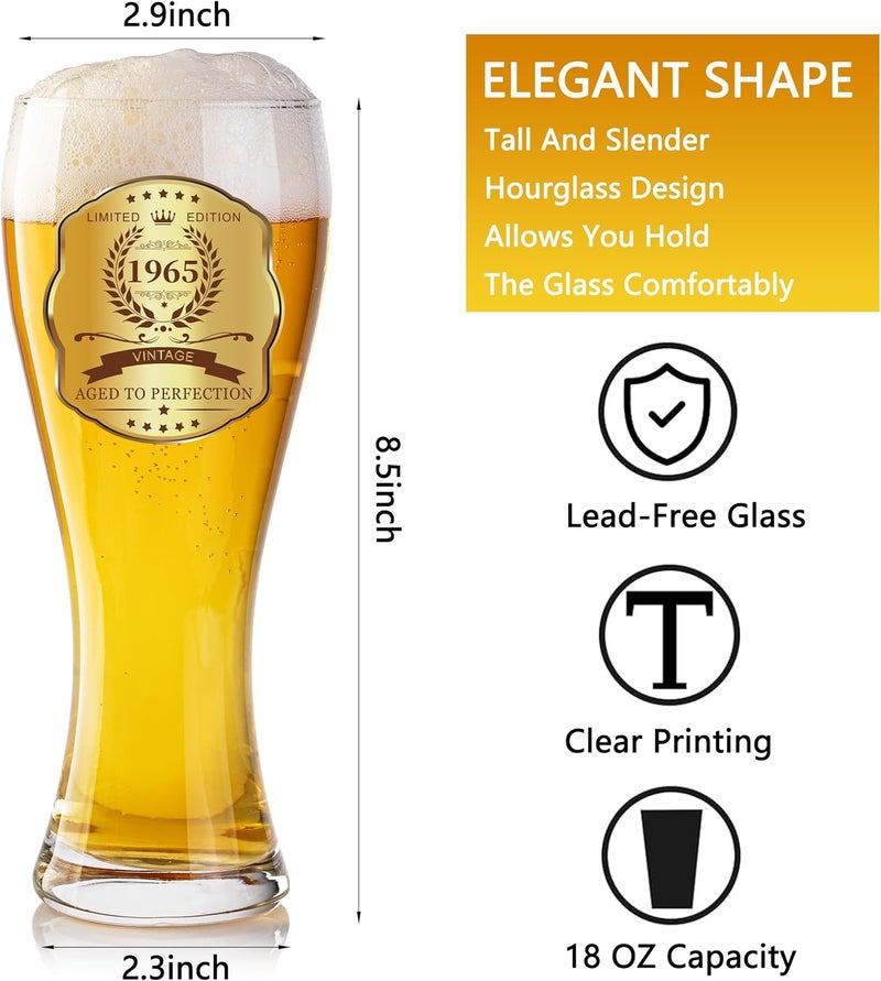 GALOFAY 60th Birthday Beer Glasses Gifts, Personalized '1965' Vintage Glass Ware Set for Men, Black Gift Package with Drinking Glass, Coaster, and Card for 60 Years Old Man - Image 2