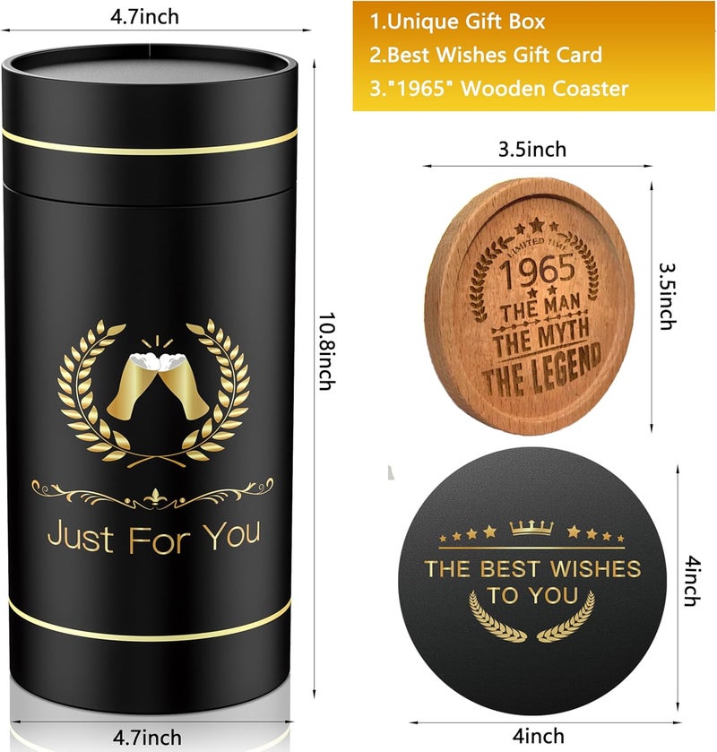 GALOFAY 60th Birthday Beer Glasses Gifts, Personalized '1965' Vintage Glass Ware Set for Men, Black Gift Package with Drinking Glass, Coaster, and Card for 60 Years Old Man - Image 3