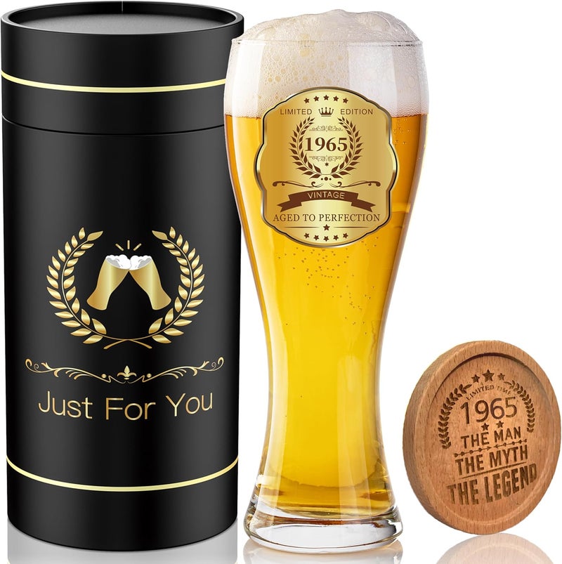 GALOFAY 60th Birthday Beer Glasses Gifts, Personalized '1965' Vintage Glass Ware Set for Men, Black Gift Package with Drinking Glass, Coaster, and Card for 60 Years Old Man - Image 1