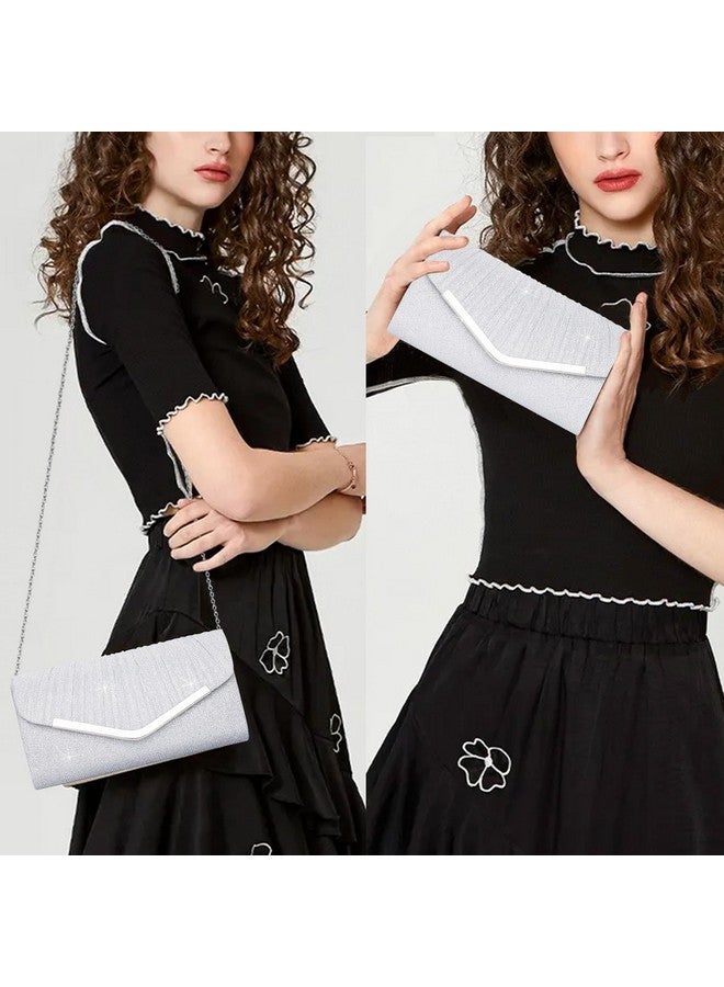 Larcenciel Women's Evening Handbags, Silver Glitter Pleated Evening Purses w/Chain, Formal Ladies Envelope Clutch, Sequin Shoulder Crossbody bag for Cocktail Prom Wedding Party Date Night,8.7×4.6×2in - Image 1