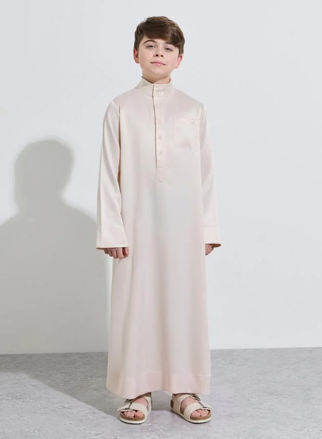 Amirah Teen Boys Beige Solid Band Collar Full Length Thobe