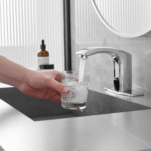 Green Spring Greenspring Touchless Bathroom Sink Faucet, Automatic Sensor Faucet, Hands Free Vanity Faucets, Commercial Deck Mount Bathroom Faucet with Cover Plate, Chrome - Image 3