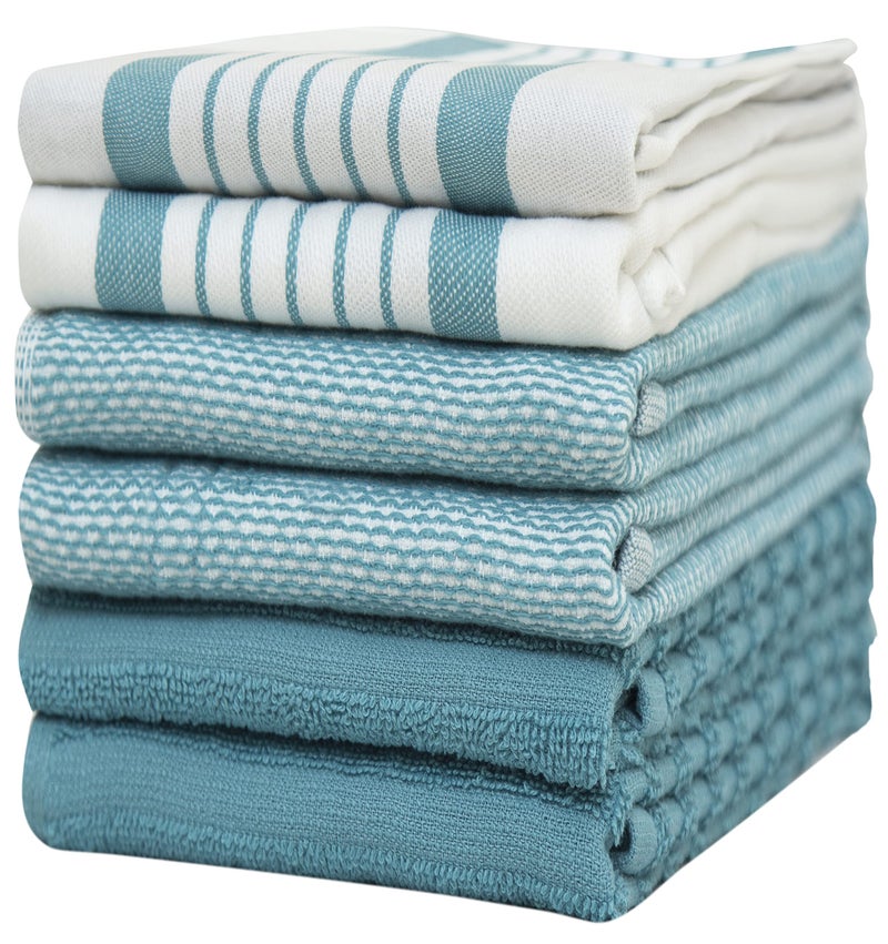 Premium Kitchen Towels 20x 28 6 Pack  Large Cotton Kitchen Hand Towels  Flat  Terry Towel  Highly Absorbent Tea Towels Set with Hanging Loop Aqua