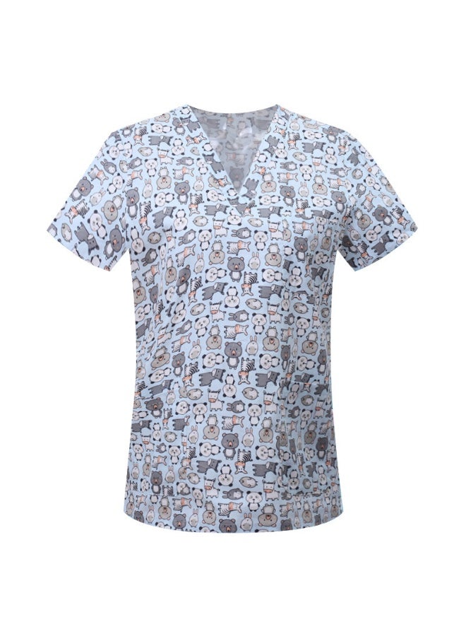 Loquat Womens Medical Scrubs Single Top Medical Uniform Single Printed Top Rebels Print on Blue Background - Image 1
