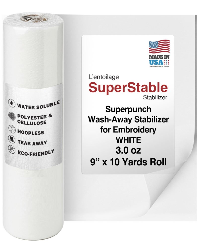 Superpunch Wash-Away Water Soluble Stabilizer for Embroidery - 9 inch x 10 Yard Roll, Fabric Stabilizer, Embroidery Backing & Cut Away Stabilizers - SuperStable Machine & Hand Sewing - Made in USA - Image 1