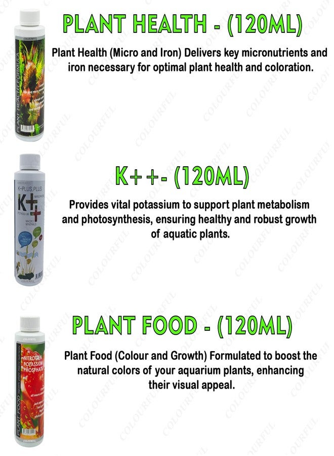 COLOURFUL - Aquatic Remedies Combo Pack: Plant Health 120ml + Plant Food 120ml + K++ 120ml - Complete Aquarium Plant Care Solution - Image 2