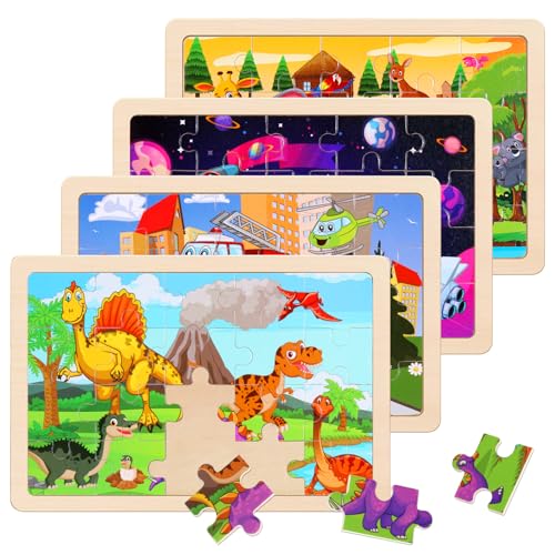 NASHRIO Wooden Puzzles Toys for Kids Ages 3-5, Set of 4 Packs Dinosaur, Space, Transportation Wood Toddler Puzzles, Preschool Brain Teaser Toys for Boys and Girls 2 3 4 5 6 Years Old - Image 1
