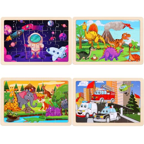 NASHRIO Wooden Puzzles Toys for Kids Ages 3-5, Set of 4 Packs Dinosaur, Space, Transportation Wood Toddler Puzzles, Preschool Brain Teaser Toys for Boys and Girls 2 3 4 5 6 Years Old - Image 3