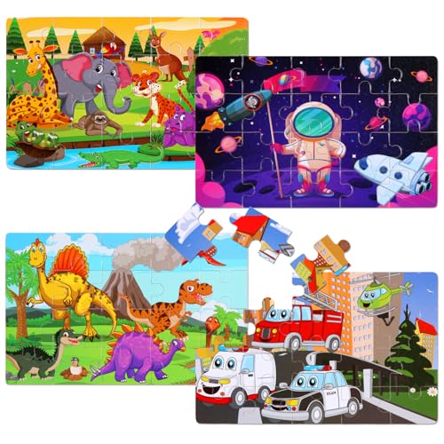 NASHRIO Wooden Puzzles Toys for Kids Ages 3-5, Set of 4 Packs Dinosaur, Space, Transportation Wood Toddler Puzzles, Preschool Brain Teaser Toys for Boys and Girls 2 3 4 5 6 Years Old - Image 2