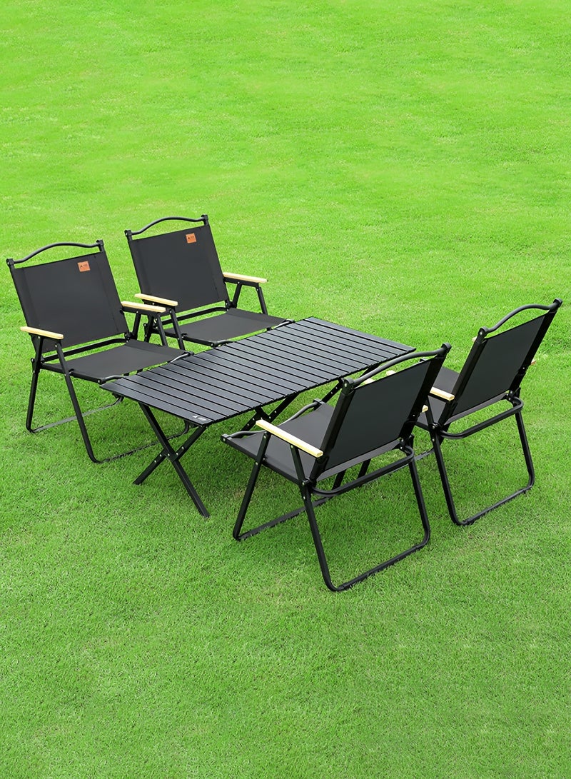 تايمي طقم تخييم مكون من 5 قطع | طاولة تخييم محمولة مع 4كراسي، طاولة قابلة للطي مع حقيبة حمل مقاس 45x60x120سم، مع 4 كراسي قابلة للطي بإطار معدني ومسند للذراعين - أسود - Image 1