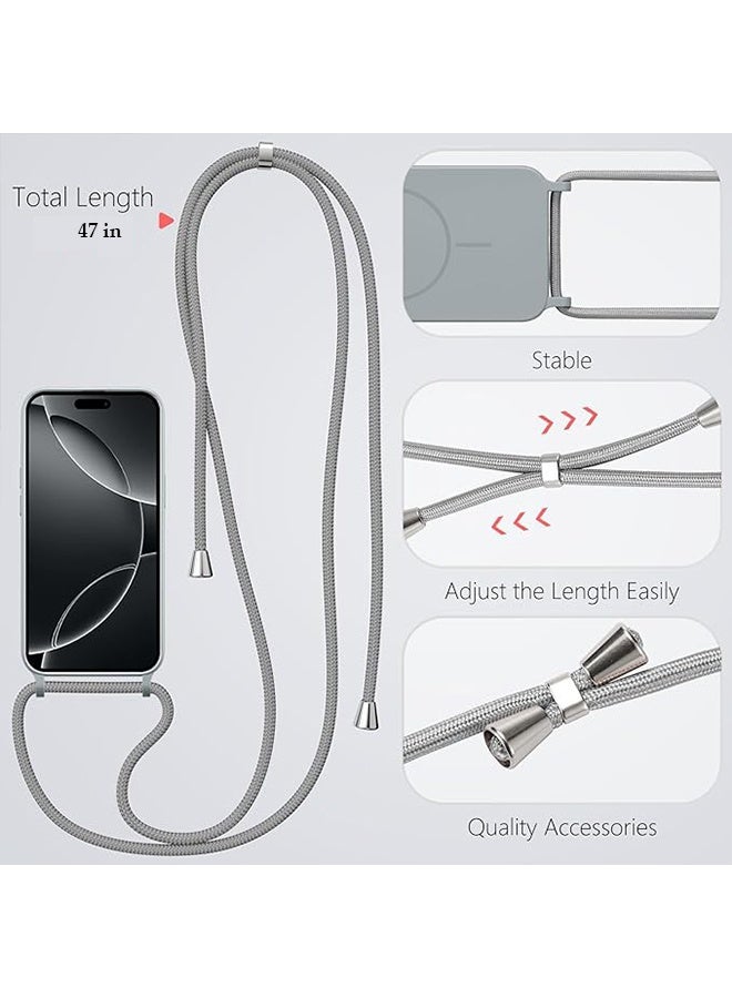 Liquid Silicone Magsafe Case with Adjustable Shoulder Neck Lanyard Strap for iPhone 16 Pro, Full Shockproof Protection Shockproof Protective Phone Cover - Grey - Image 2