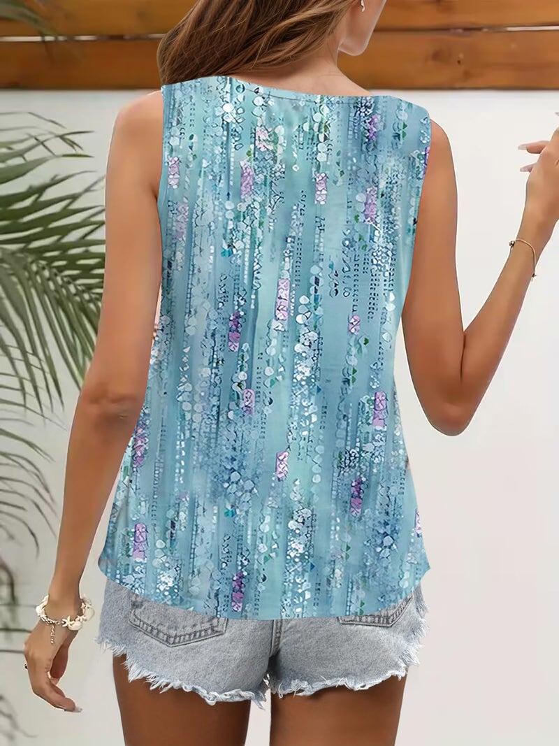 SAUKOLE Summer Cute Printed Tank Tops for Women Casual Pleated Square Neck O Ring Shoulder Blouse - Image 4