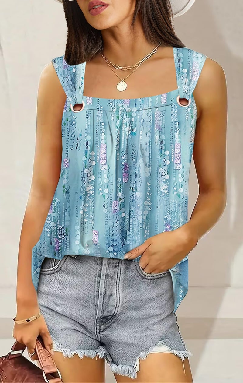 SAUKOLE Summer Cute Printed Tank Tops for Women Casual Pleated Square Neck O Ring Shoulder Blouse - Image 3