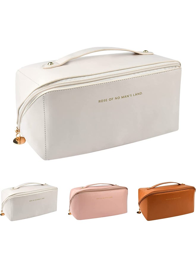 O Ozone حقيبة تجميل سفر بسعة كبيرة حقيبة مكياج متعددة الوظائف حقيبة مكياج جلد PU مع مقبض وفاصل حقائب سفر للنساء - أبيض فاتح - Image 1