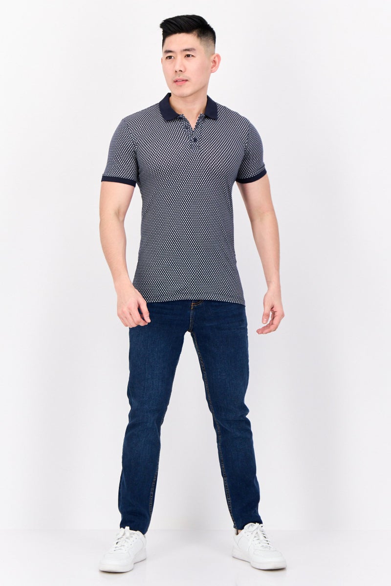 DeFacto قميص بولو قصير الأكمام للرجال بتصميم مونوغرام، أزرق داكن - Image 3