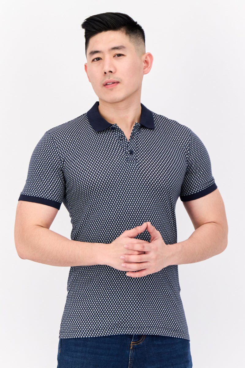DeFacto قميص بولو قصير الأكمام للرجال بتصميم مونوغرام، أزرق داكن - Image 1