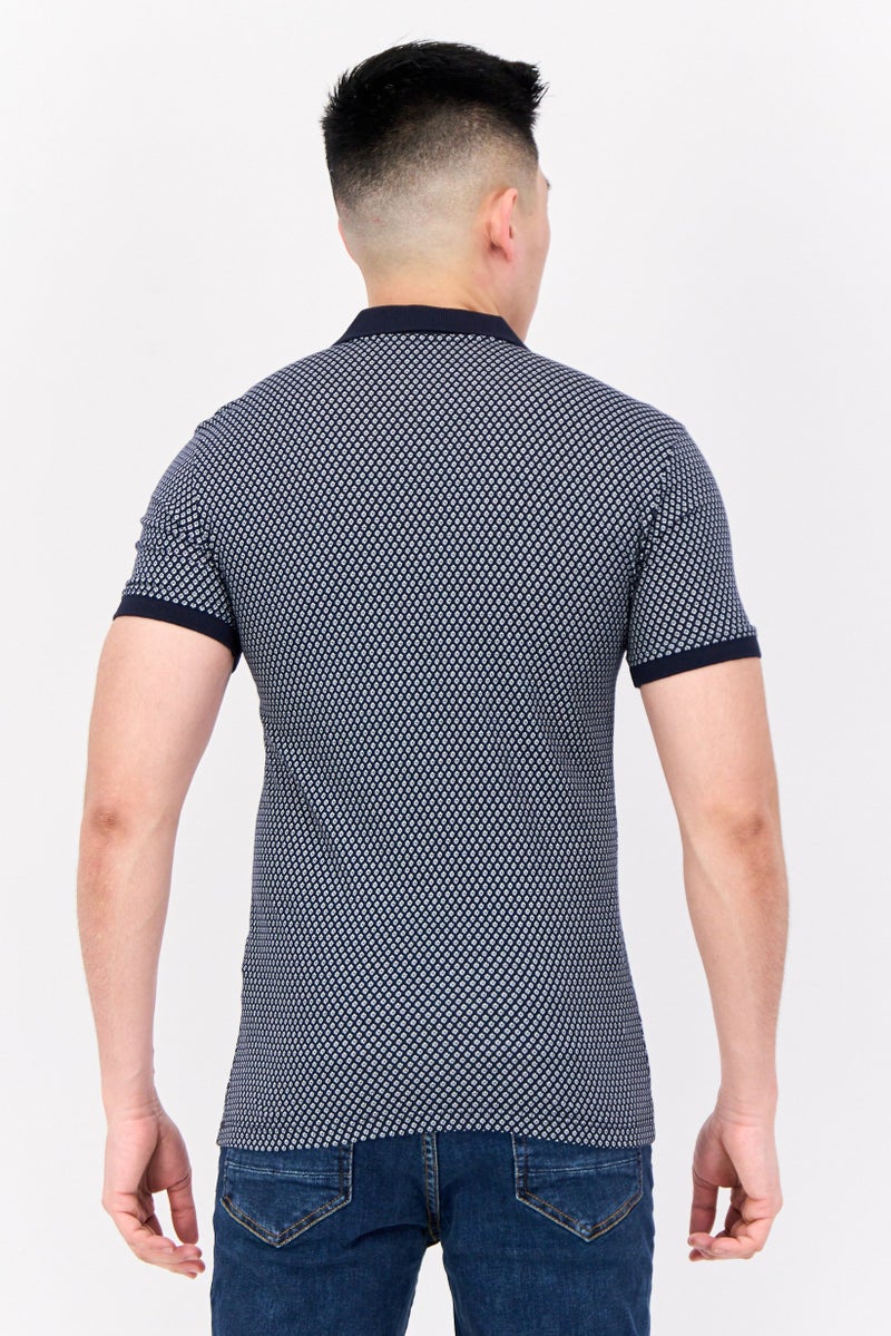 DeFacto Men Slim Fit Monogram Print Short Sleeve Polo shirt, Navy - Image 2