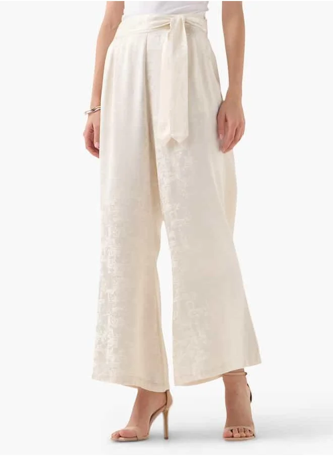 Iconic Iconic Regular Fit Textured Wide Leg Pants with Tie-Up Detail