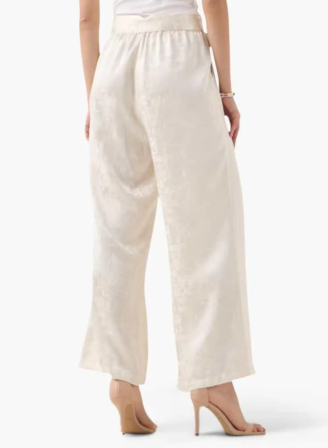 Iconic Iconic Regular Fit Textured Wide Leg Pants with Tie-Up Detail