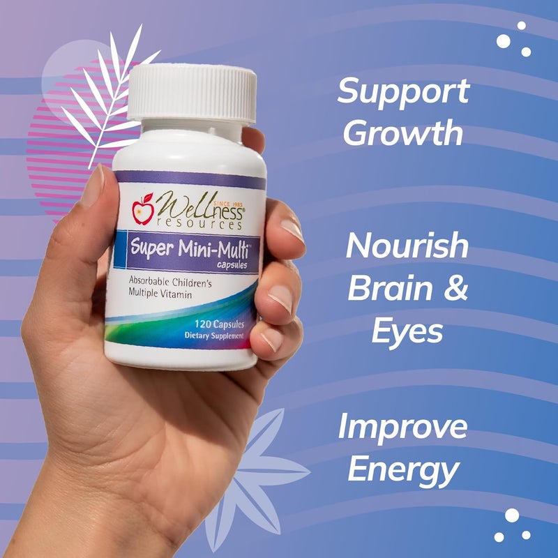 Wellness Resources كبسولات سوبر ميني ملتي للأطفال متعددة الفيتامينات القابلة للبلع مع ميثيل فولات وميثيل B12 وإنزيم B للفيتامينات لنمو التركيز وصحة الدماغ 120 كبسولة - Image 4