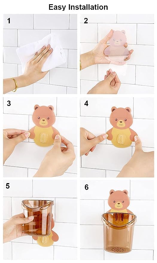 Brillwist Brillwist Toothbrush Holder 1 Pcs Plastic Stand for Toothpaste, Comb, Brush, Cream, Lotion Kids Bathroom Cup Drain Waterproof Self-Adhesive, Teddy Bear (Multicolor) - Image 5