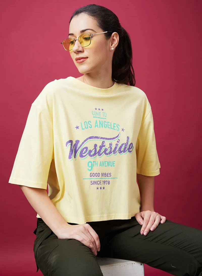 globus Globus Women Yellow Typography Printed Oversized Drop-Shoulder Sleeves Cotton Boxy T-Shirt