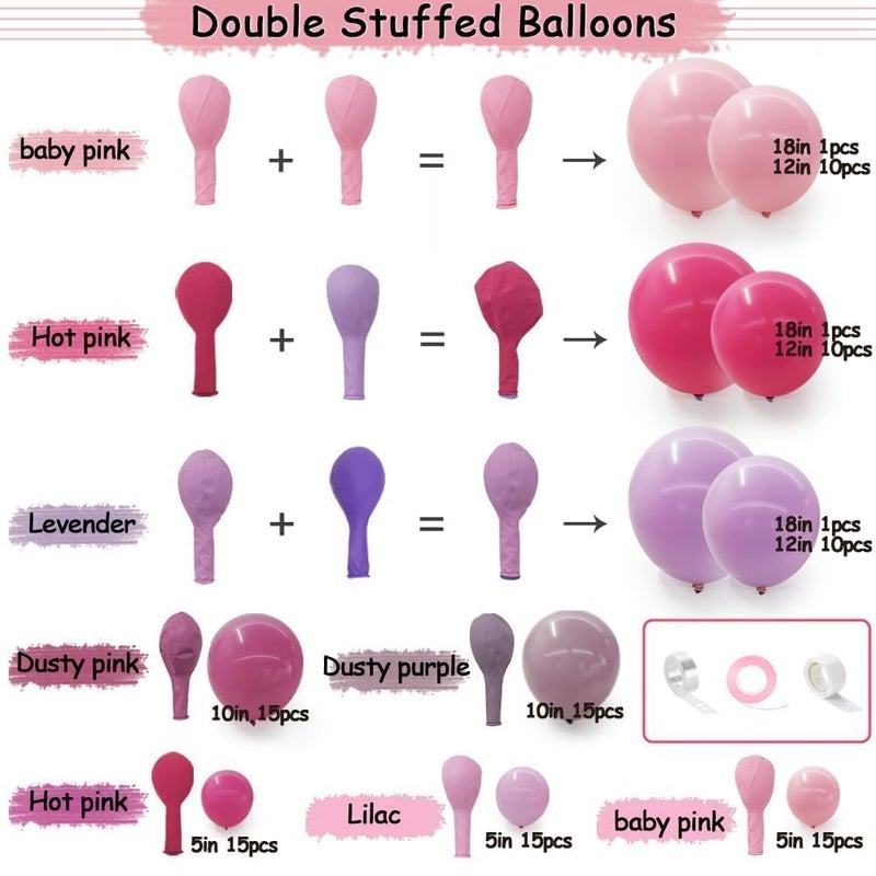 HIBAOpati Purple Pink Balloon Garland Double Stuffed Lavender Lilac Balloons Different Sizes Pastel Balloons Hot Pink Lavender Balloon Arch Kit for Birthday Baby Shower Wildflower Wedding Spring Party Decor - Image 3
