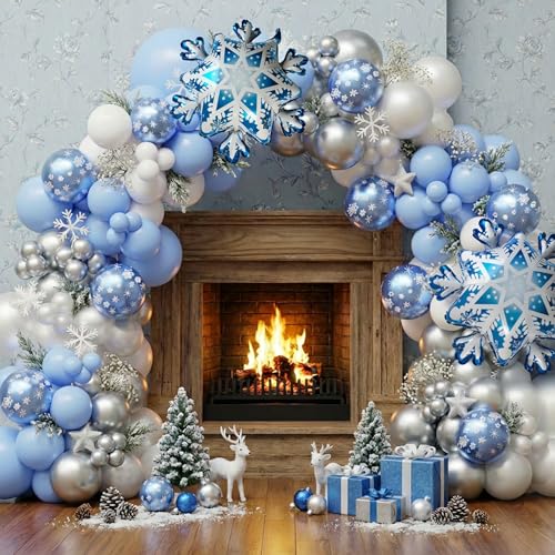 Ceeulvu Winter Wonderland Balloon Arch Kit White Silver Double Stuffed Blue Snowflake Balloons for Winter Baby Shower Winter Onederland Birthday Christmas or Frozenthemed Party Decor - Image 1