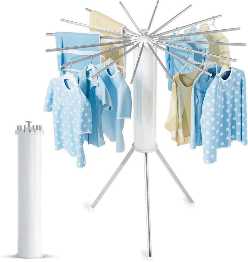 HomeAra Tripod Clothes Drying Rack Clothing Foldable & Portable Garment Rack Space Saving Laundry Aluminum Standing with 16 Poles Silver & White Floor Collapsible Household Indoor & Outdoor Holder - Image 1