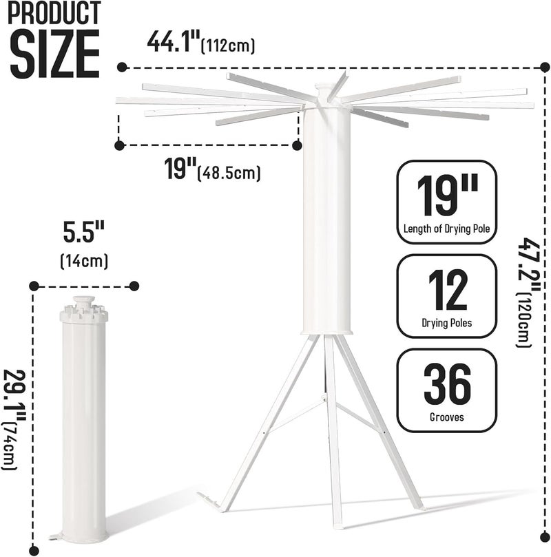 HomeAra Tripod Clothes Drying Rack Clothing Foldable & Portable Garment Rack Space Saving Laundry Aluminum Standing with 16 Poles Silver & White Floor Collapsible Household Indoor & Outdoor Holder - Image 4