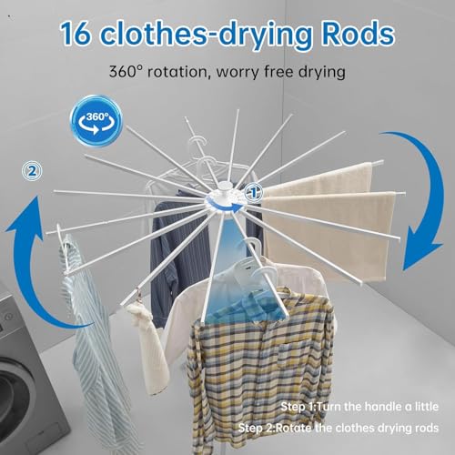 HomeAra Tripod Clothes Drying Rack Clothing Foldable & Portable Garment Rack Space Saving Laundry Aluminum Standing with 16 Poles Silver & White Floor Collapsible Household Indoor & Outdoor Holder - Image 3