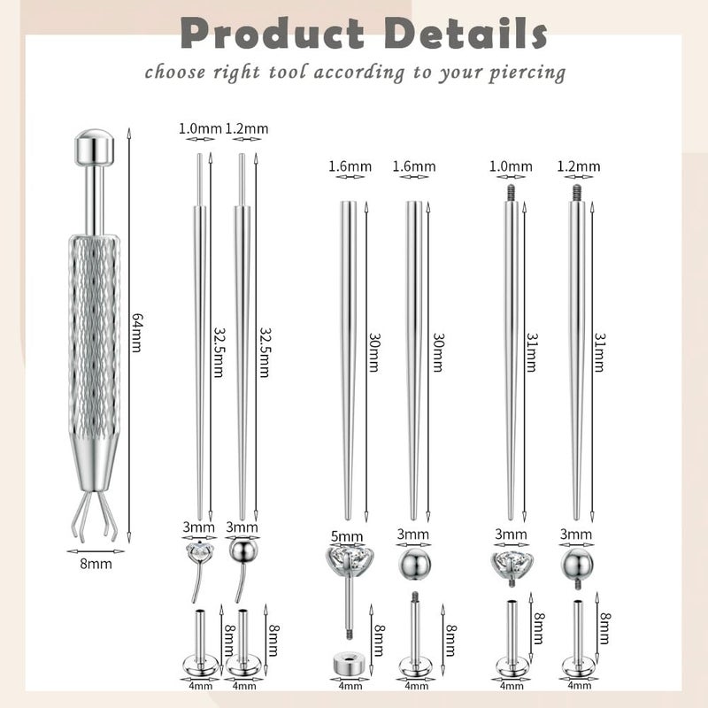TOPBRIGHT 13PCS Stainless Steel Piercing Taper Ball Grabber Tool - 14G/16G/18G Threaded & Flat Back Earrings Insertion Needle Kit for Ear/Nose/Lip/Navel Body Piercing Jewelry Replacement - Image 2