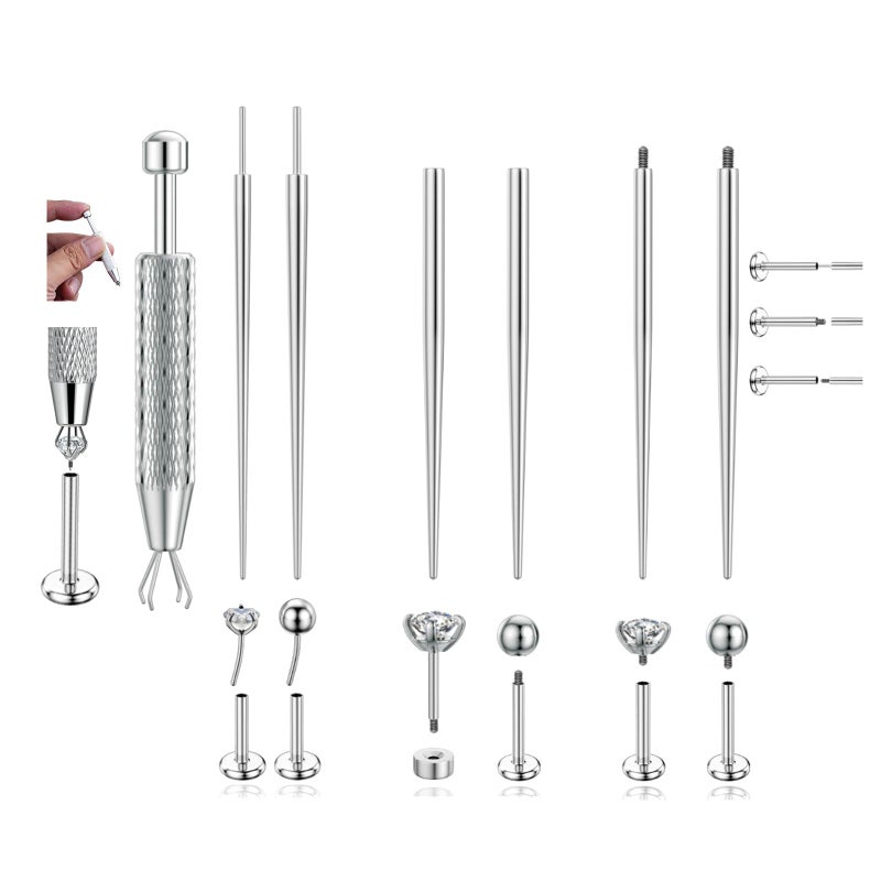 TOPBRIGHT 13PCS Stainless Steel Piercing Taper Ball Grabber Tool - 14G/16G/18G Threaded & Flat Back Earrings Insertion Needle Kit for Ear/Nose/Lip/Navel Body Piercing Jewelry Replacement - Image 1