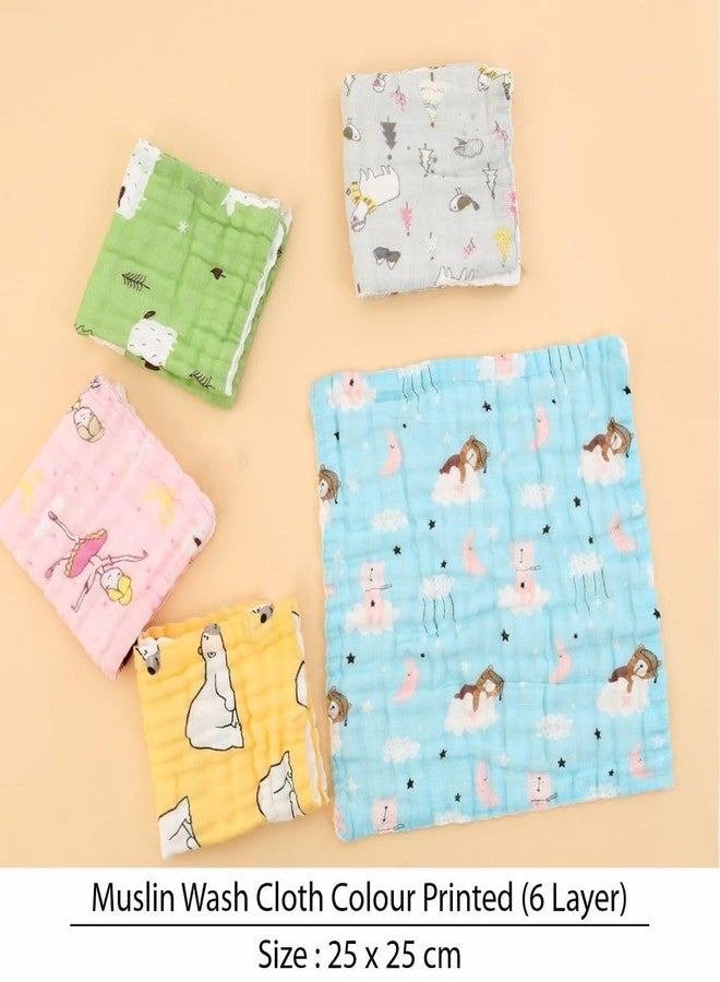 TERI BERI Muslin Cotton Cartoon Printed Face Towels for Newborn Baby Extra Soft Hankies Reusable Napkins for Infants Toddlers (Pack of 5) (Multicolor Printed) - Image 4