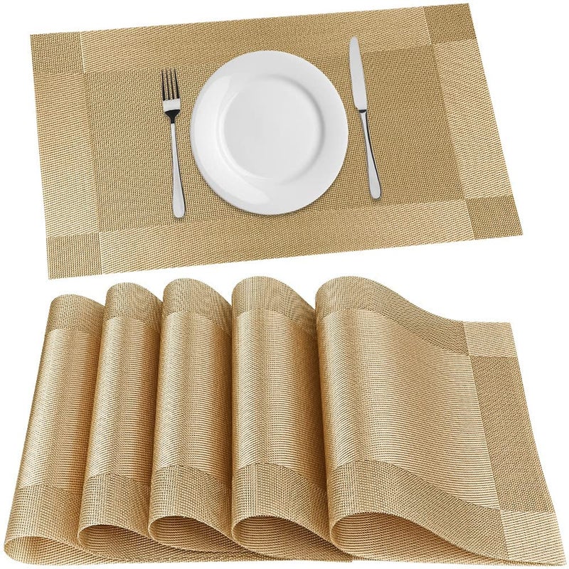 JOLYMIT 6 Pcs Kitchen Dining Table Mats Washable AntiSkid Mat Easy to Wash Cleaning Both Side Usable 45 X 30 CmGold - Image 1