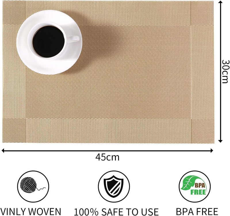 JOLYMIT 6 Pcs Kitchen Dining Table Mats Washable AntiSkid Mat Easy to Wash Cleaning Both Side Usable 45 X 30 CmGold - Image 2