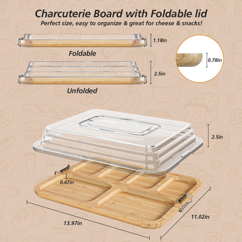 MAYELM Charcuterie Boards with Foldable Lid, Portable Bamboo Cheese Board with 6 Compartments, Clear Locking Lid and Handle, Easy to Store, Suitable for Picnics, Camping, Parties & Housewarming Gifts - Image 4