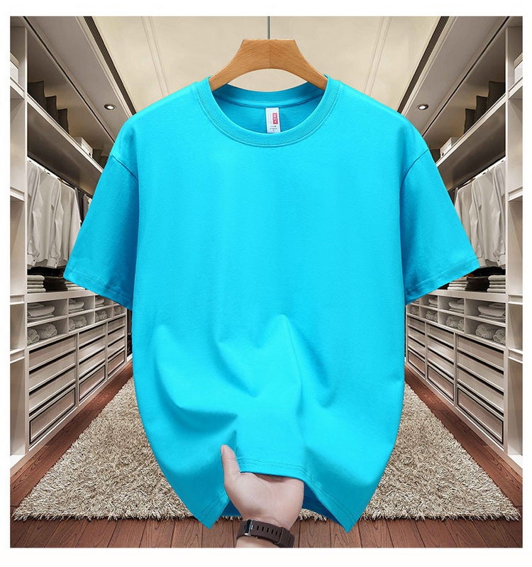 Heavy cotton T-shirt logo summer short sleeve overalls solid color round neck large size shirt jacket wholesale generation water blue