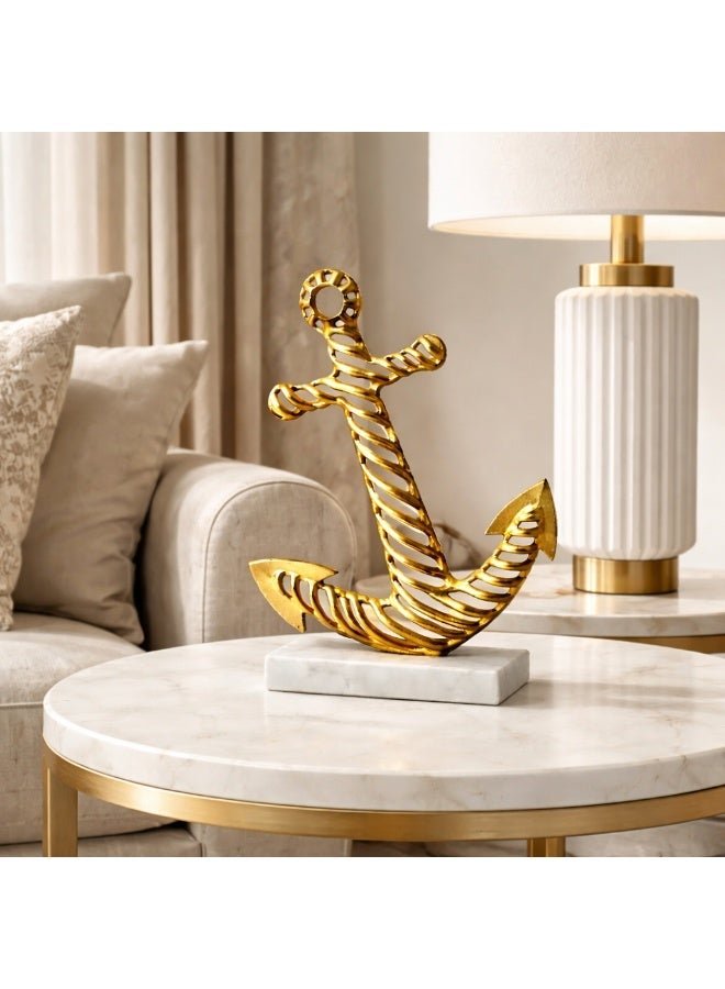 Gold Aluminium Decorative Anchor Figurine with Natural Marble Base - Image 1