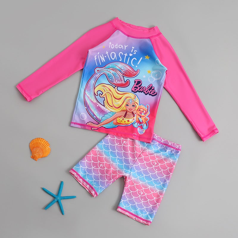 Generic Kids Long Sleeve Swimwear 2024 Cartoon Quick-Dry UV Protect Suit Split Mermaid 