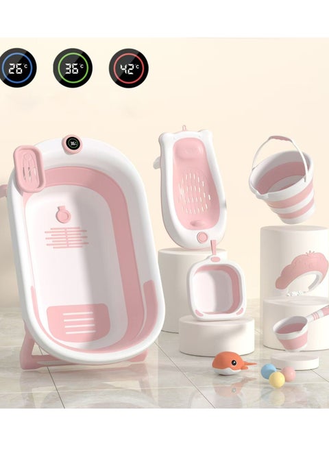 طقم استحمام أطفال 8 في 1 قابل للطي مع شاشة حرارة رقمية من SHEE ONE | حوض استحمام للأطفال مع مسند وسطل وكوب وألعاب | تصميم آمن ومثالي للمواليد حتى 3 سنوات | لون وردي