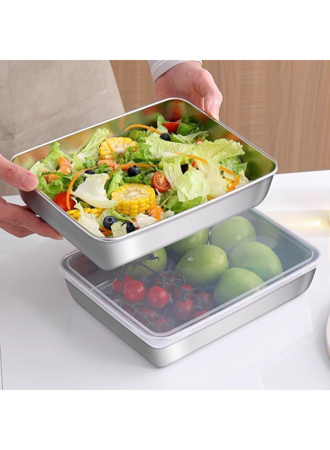 Preservation Box Stainless Steel Square Plate With Lid Thickened Rectangular Barbecue Plate Multi-use Tray Marinated Vegetable Plate Steaming Plate Towel Plate-Specification:26*20*5  - Image 3